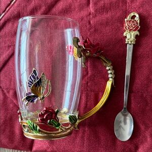 ARC of France Glass Mug & spoon jeweled enameled Butterfly & red Rose Design